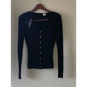 Women’s sweater, black with dragonfly deco.